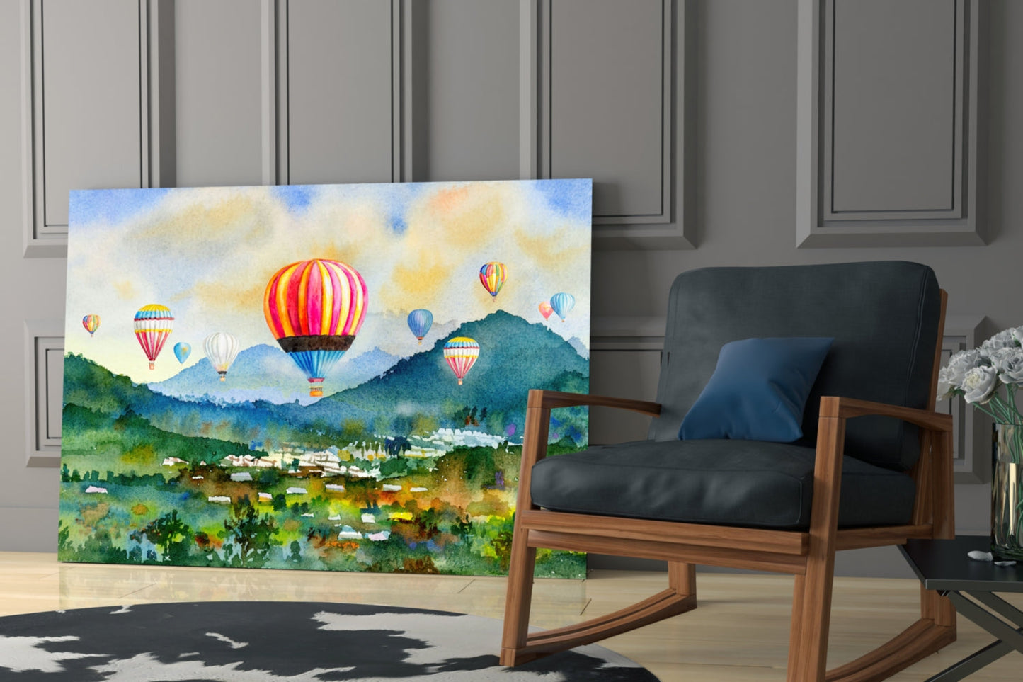 Watercolor Balloons Over Green Valley Glass Wall Art
