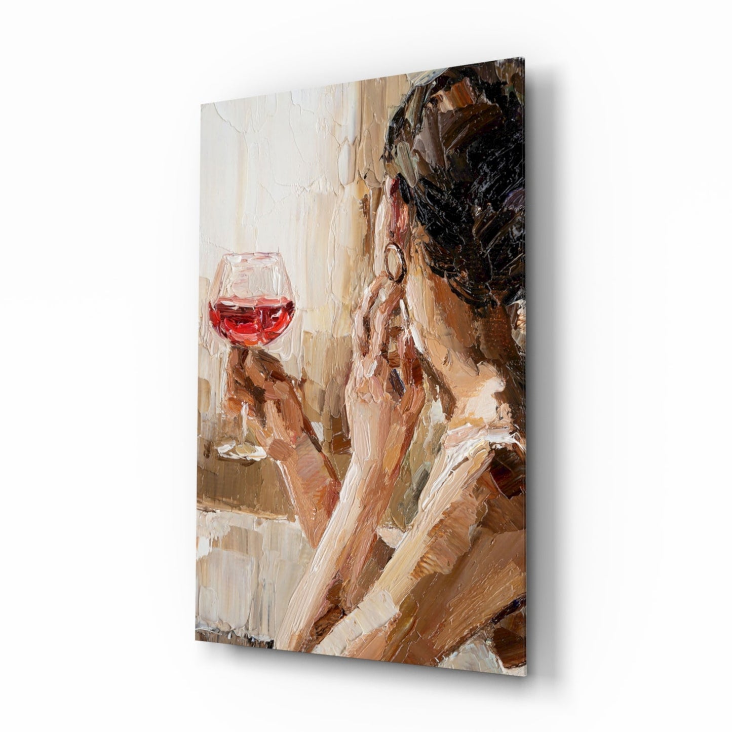 Abstract oil painting on canvas showing a woman in earth tones holding a red wine glass against a cream background.