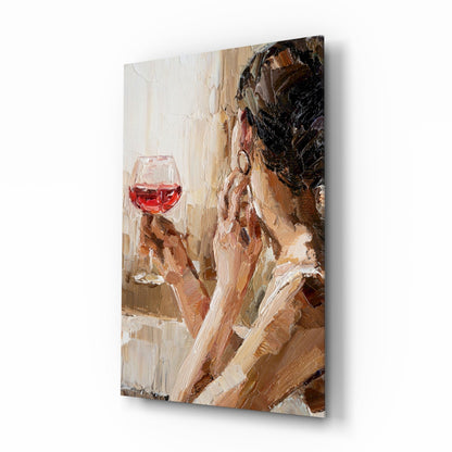 Abstract oil painting on canvas showing a woman in earth tones holding a red wine glass against a cream background.