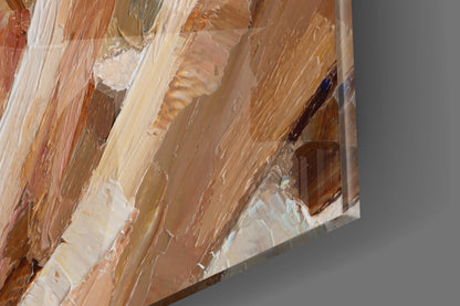 Close-up detail of glass art showing layered brushstrokes in warm browns, creams, and whites with visible texture and depth.