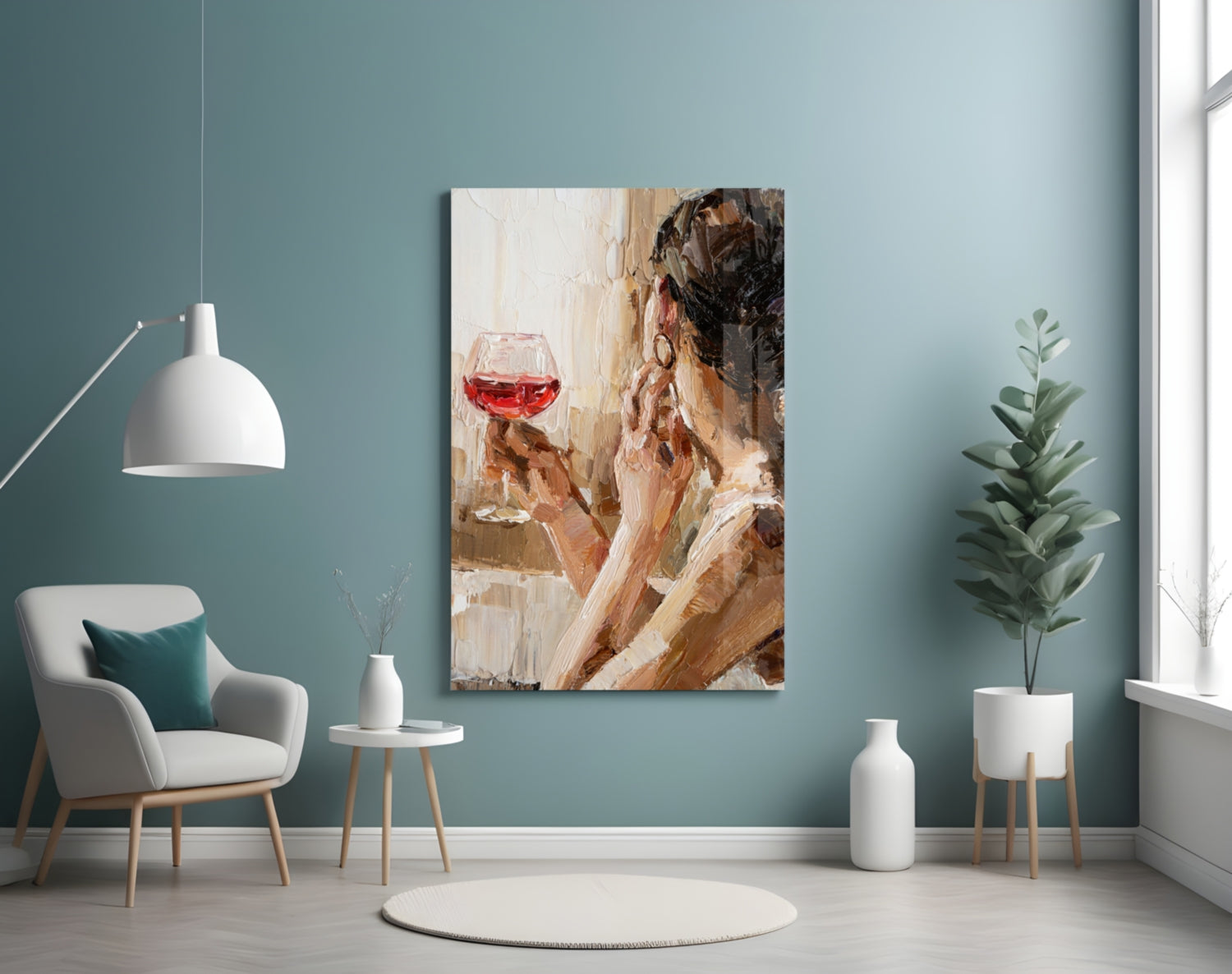 Abstract oil painting of a woman holding a red wine glass displayed on a teal bedroom wall above a white chair.