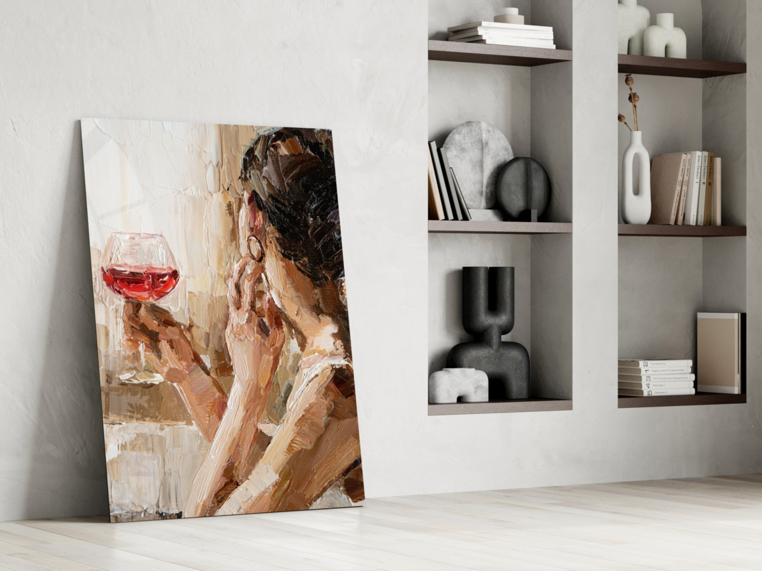 Abstract oil painting of woman holding red wine glass, leaning against white wall beside shelving unit with decorative objects and books.