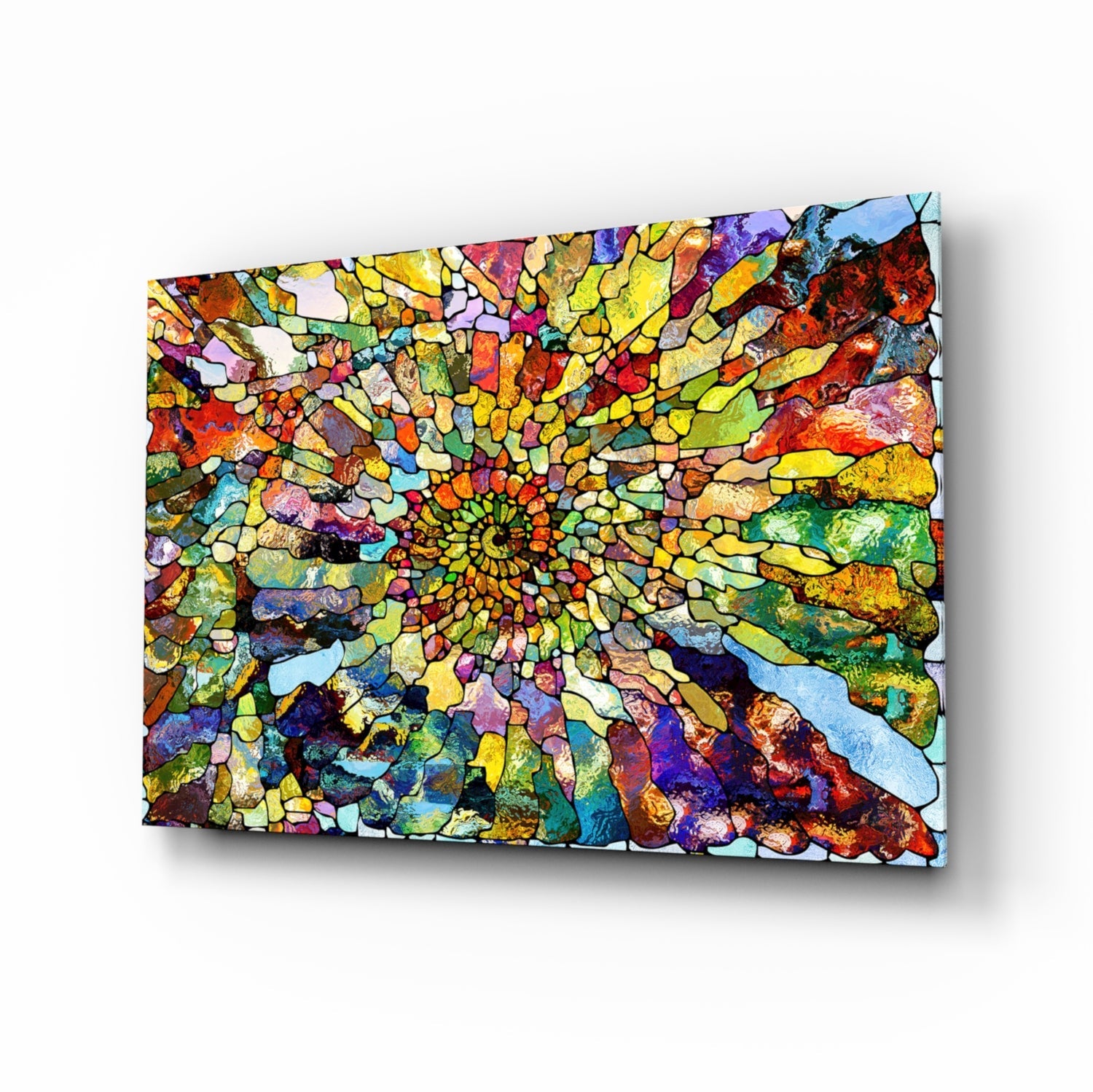 Angled perspective of a rectangular glass mosaic artwork with radiating concentric pattern in vibrant yellow, red, blue, green, purple, and orange tiles.