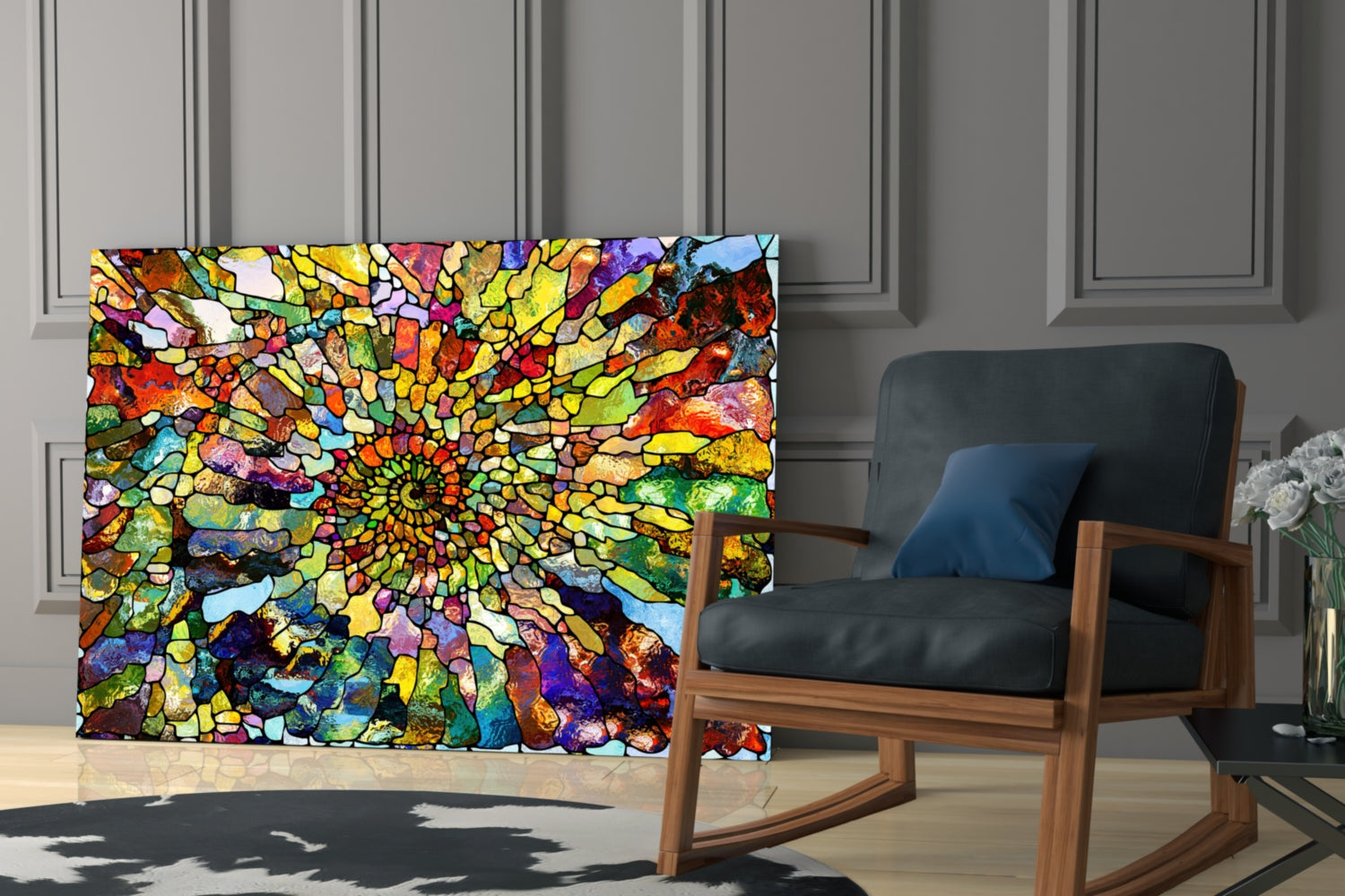 Vibrant multicolored mosaic glass art panel displayed in modern interior with wooden chair and gray paneled walls.