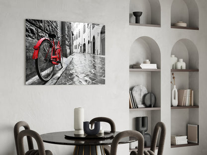 Red bicycle leaning against cobblestone European street in black and white photograph displayed on white wall.