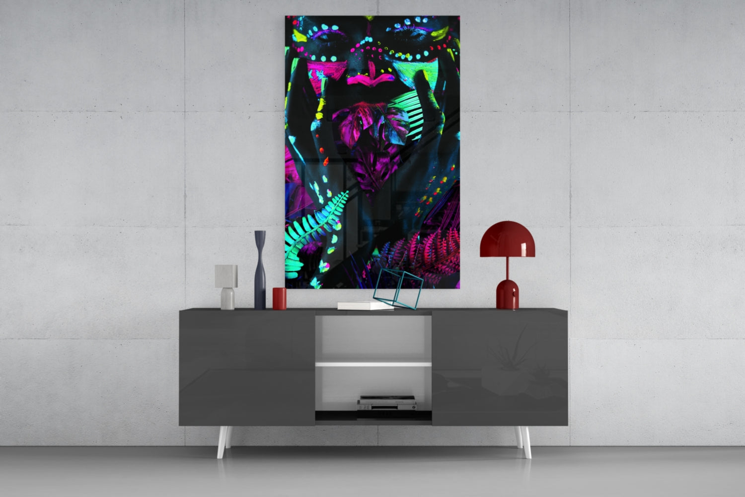 Neon Glances Glass Art displayed on gray media console showing vibrant neon pink, cyan, and purple fluorescent figure against black background.