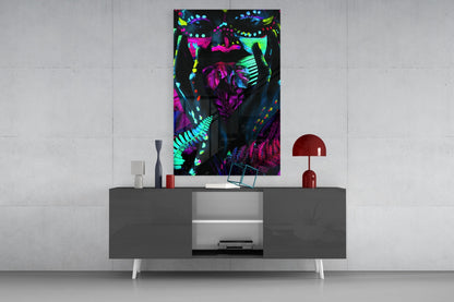 Neon Glances Glass Art displayed on gray media console showing vibrant neon pink, cyan, and purple fluorescent figure against black background.