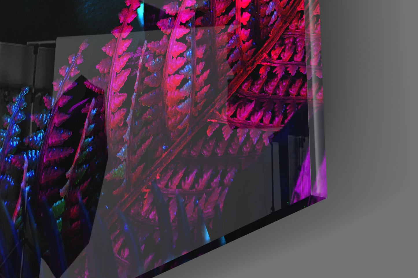 Neon Glances Glass Art illuminated with vibrant magenta, pink, and blue neon lights casting reflections on translucent glass panels.