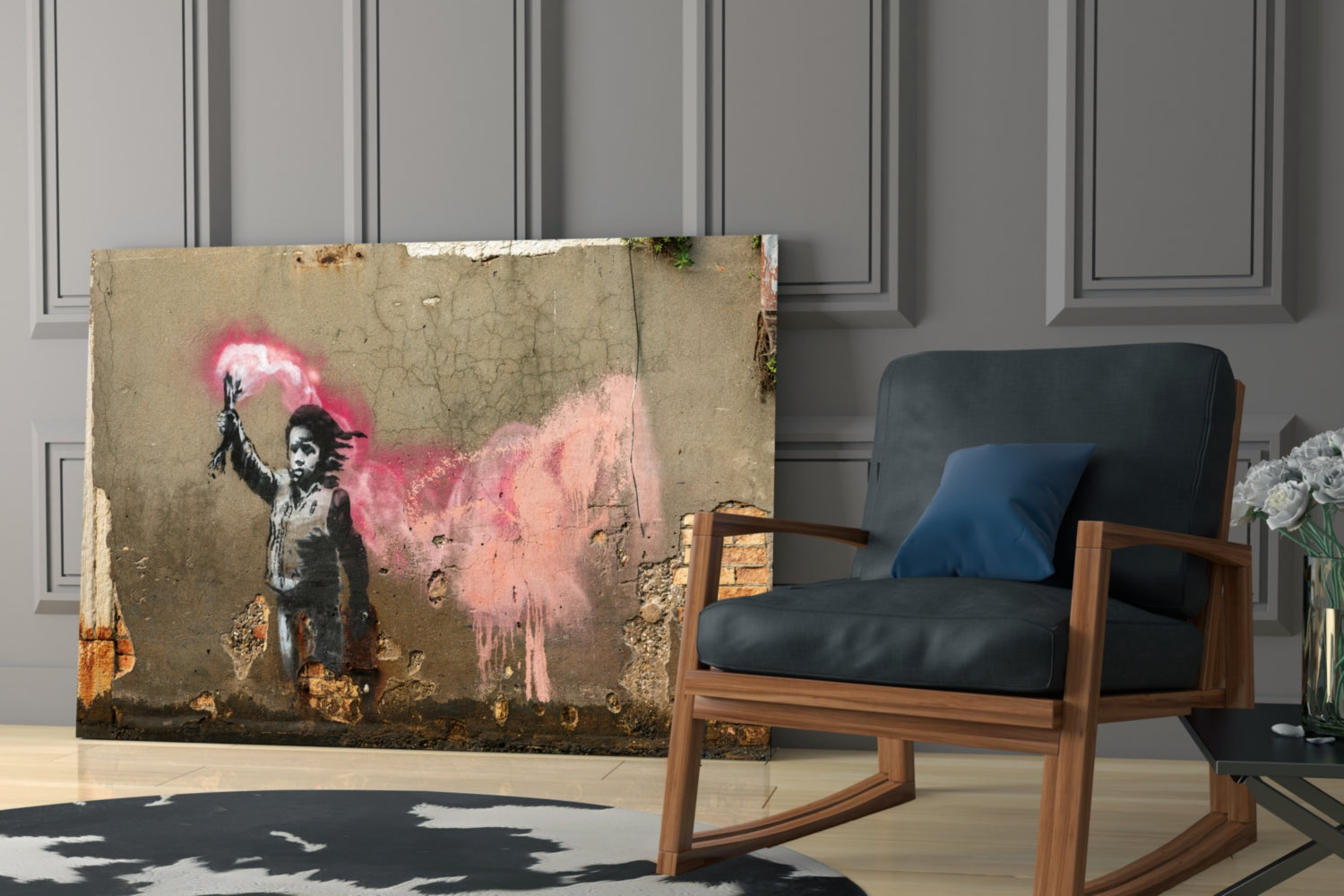 Glass art panel featuring stenciled child figure with pink spray paint effect, displayed in modern room setting next to wooden chair.
