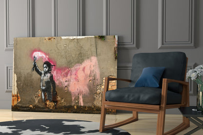 Glass art panel featuring stenciled child figure with pink spray paint effect, displayed in modern room setting next to wooden chair.