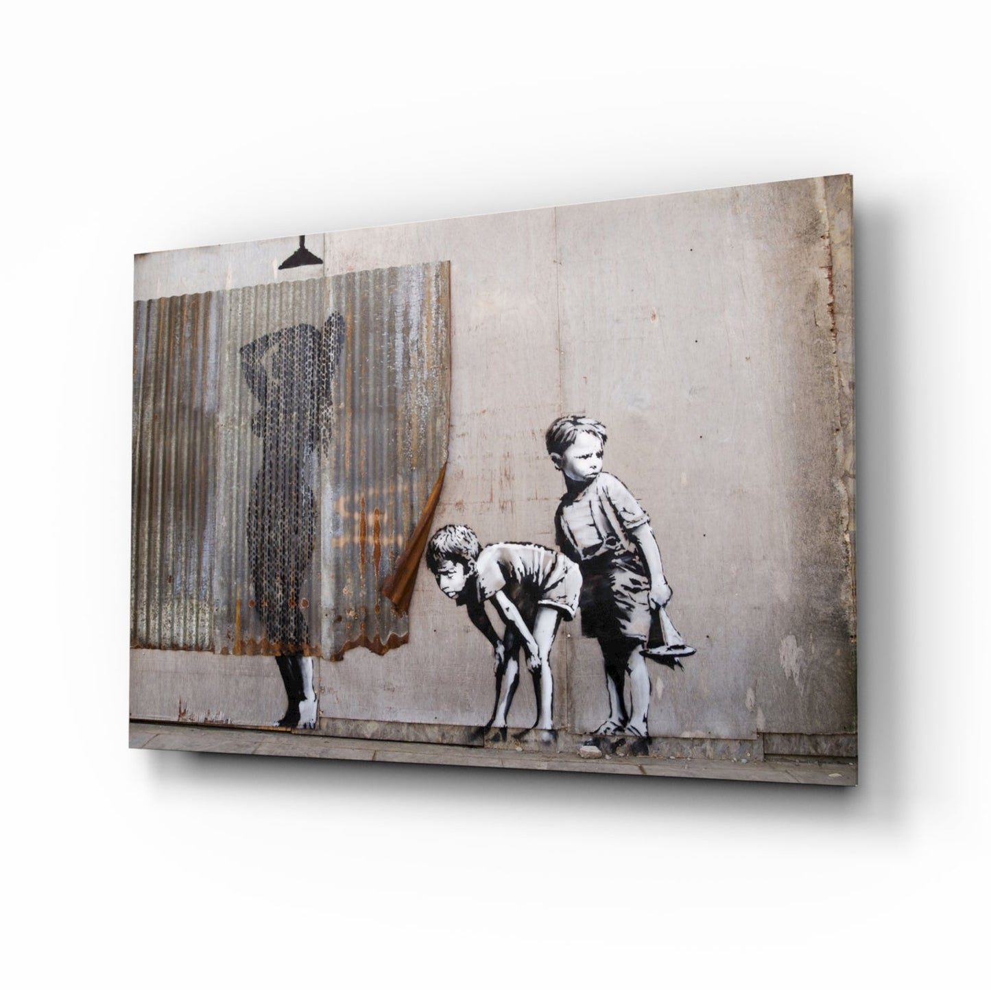 Canvas print of Banksy street art depicting two children peering through corrugated metal curtain on weathered concrete wall.