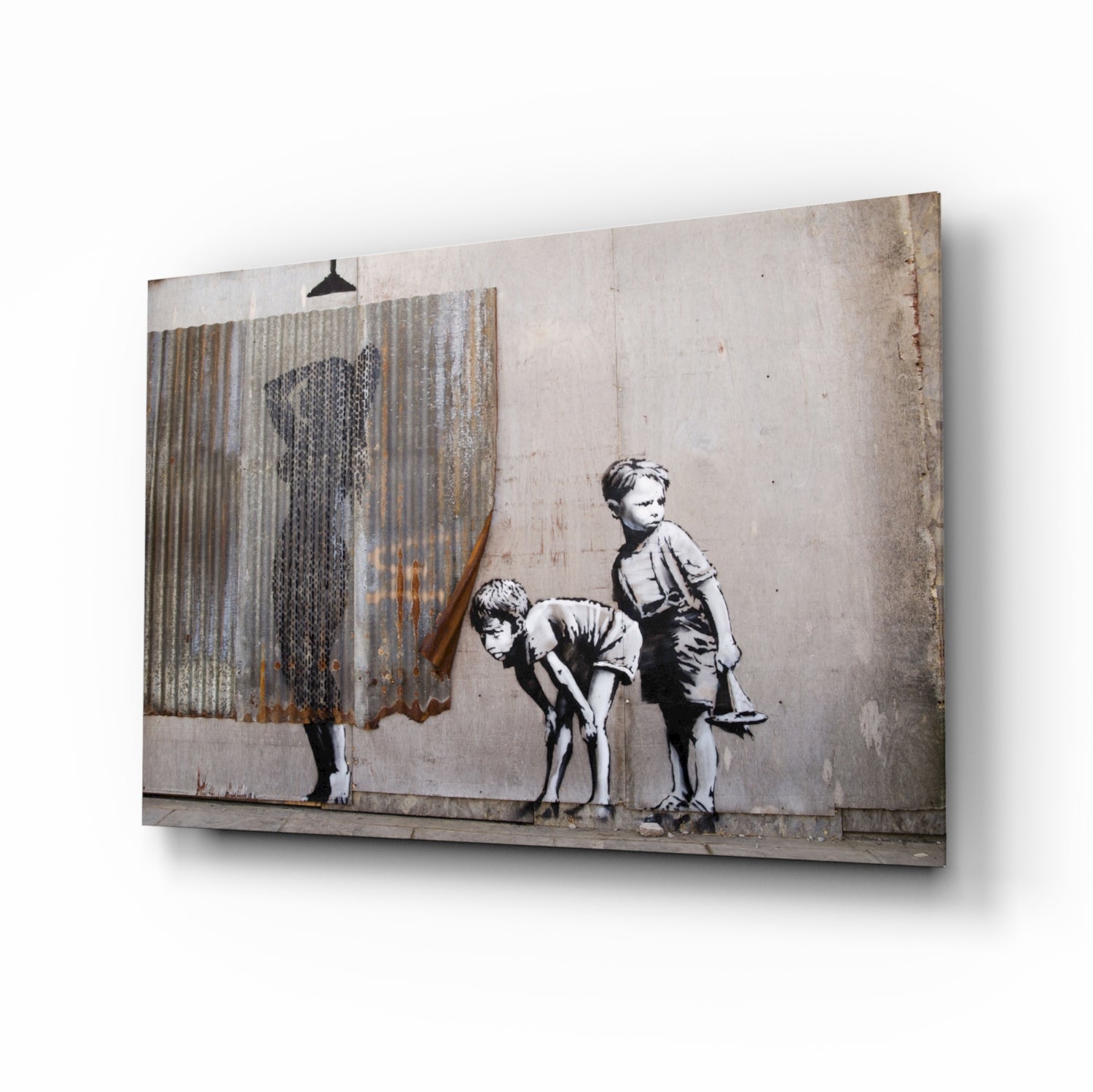 Canvas print of Banksy street art depicting two children peering through corrugated metal curtain on weathered concrete wall.
