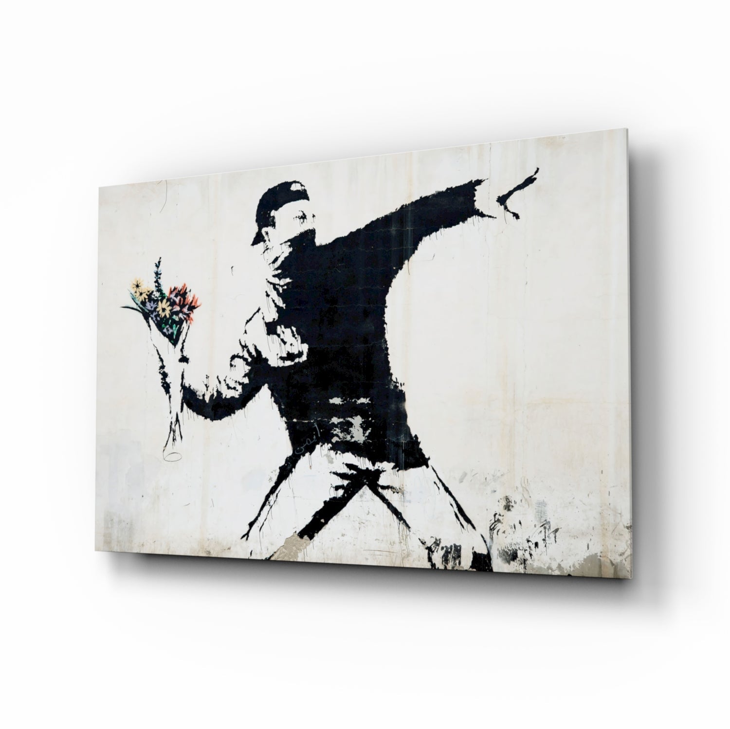Stenciled glass art depicting a silhouetted figure throwing a colorful flower bouquet, displayed at an angle against a white background.