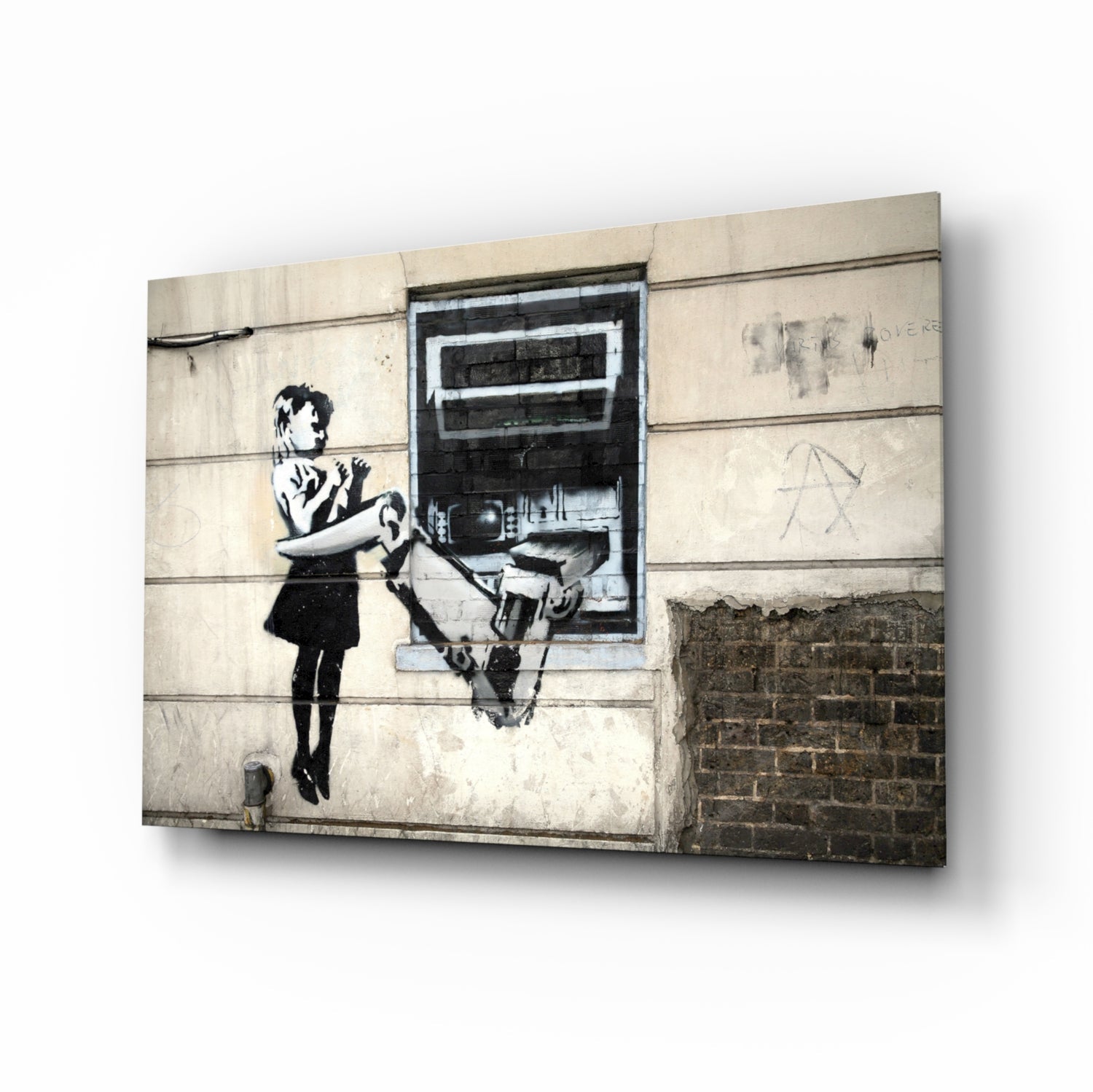 Canvas print of stenciled girl operating ATM machine on weathered stone wall with brick base.