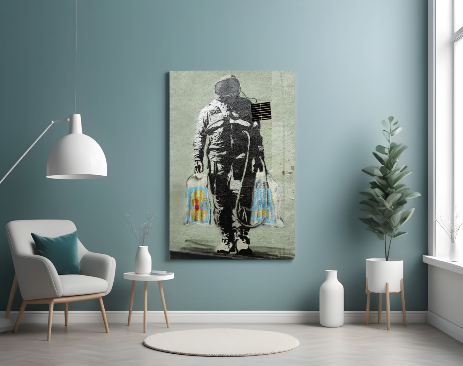 Astronaut with solar panels and blue rocket flames on canvas, displayed on teal wall in modern living room setting.
