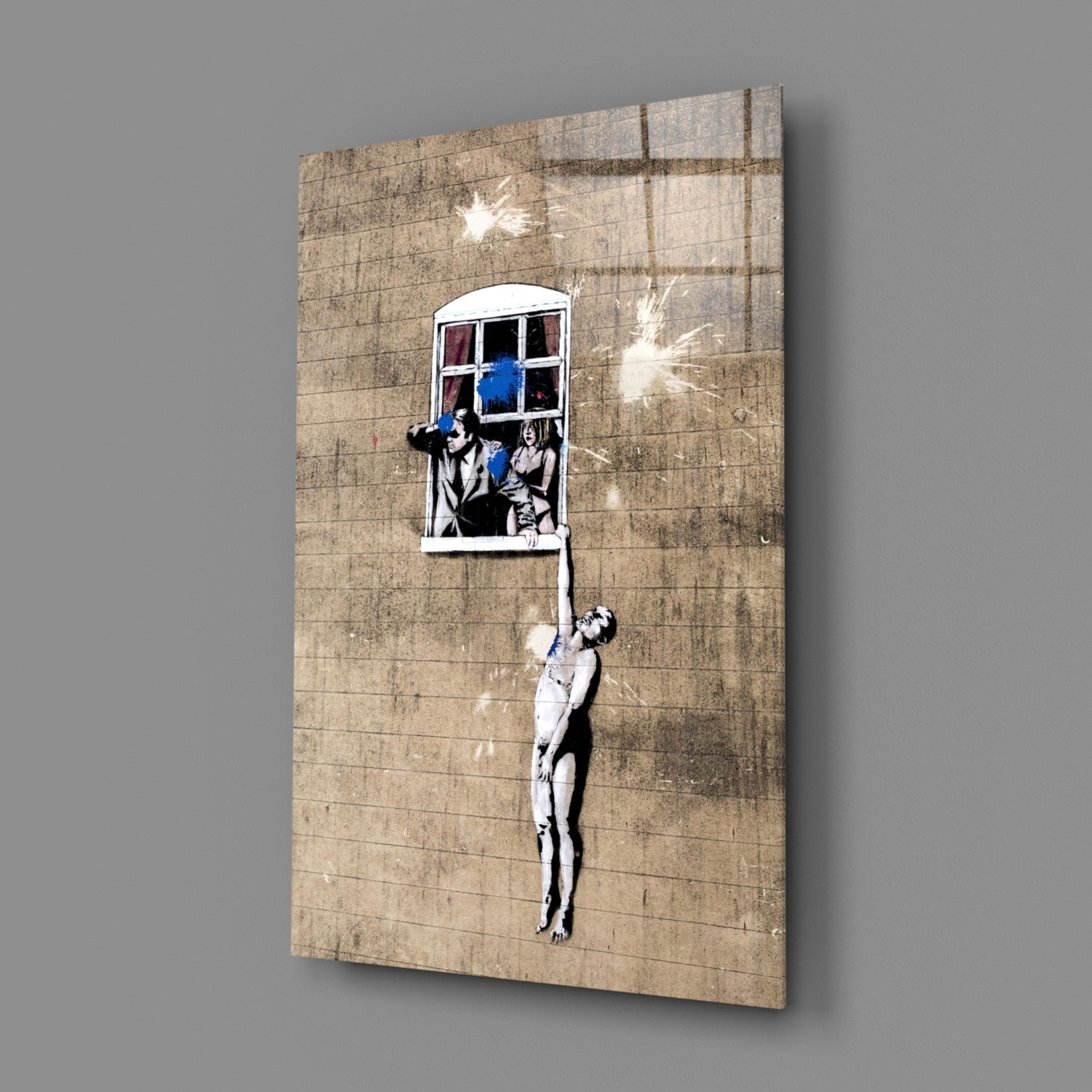 Canvas print of stenciled street art showing child figure reaching upward toward window with two people inside, on textured brick wall background.