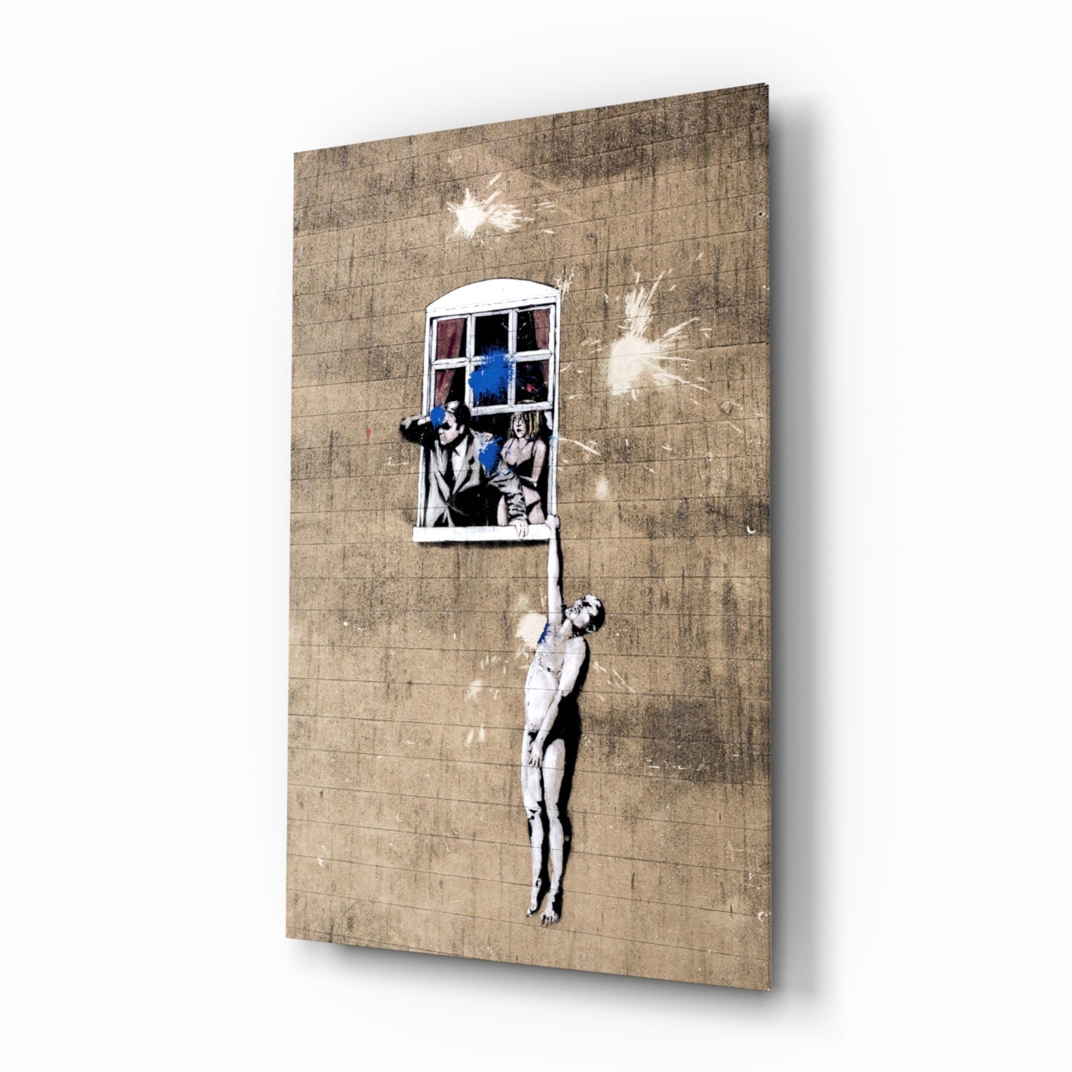 Canvas print of street art showing figure dangling from window on textured beige brick wall with blue accents.