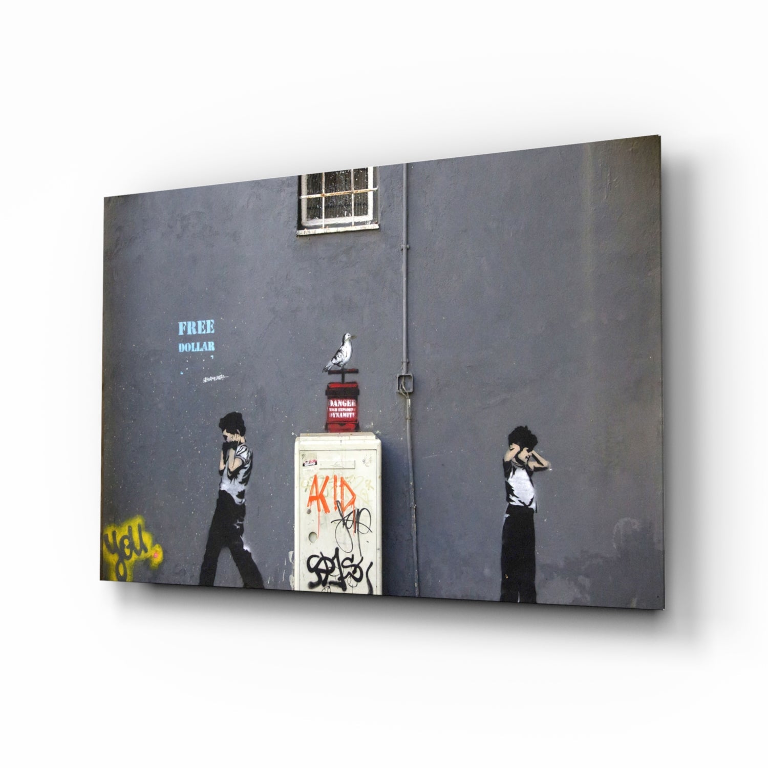 Angled perspective view of glass art canvas showing Banksy-style street art with figures, utility box, and "FREE DOLLAR" text on dark gray background.