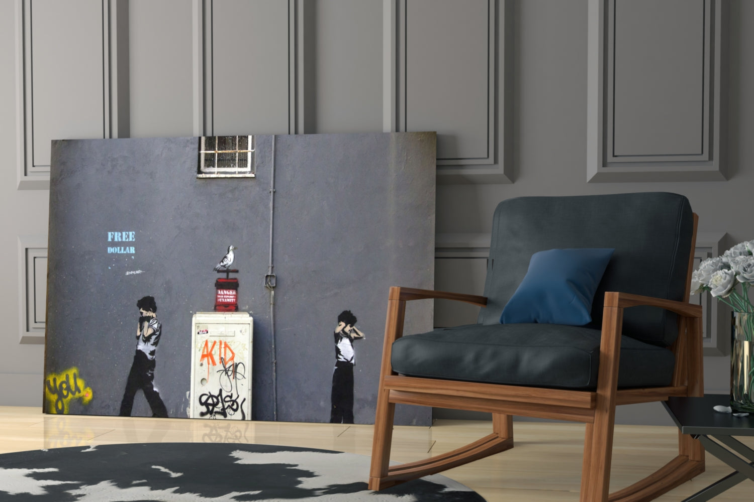 Modern interior with dark blue-grey Banksy-style street art glass panel featuring "FREE DOLLAR" text and stenciled figures displayed against paneled wall next to wooden chair.