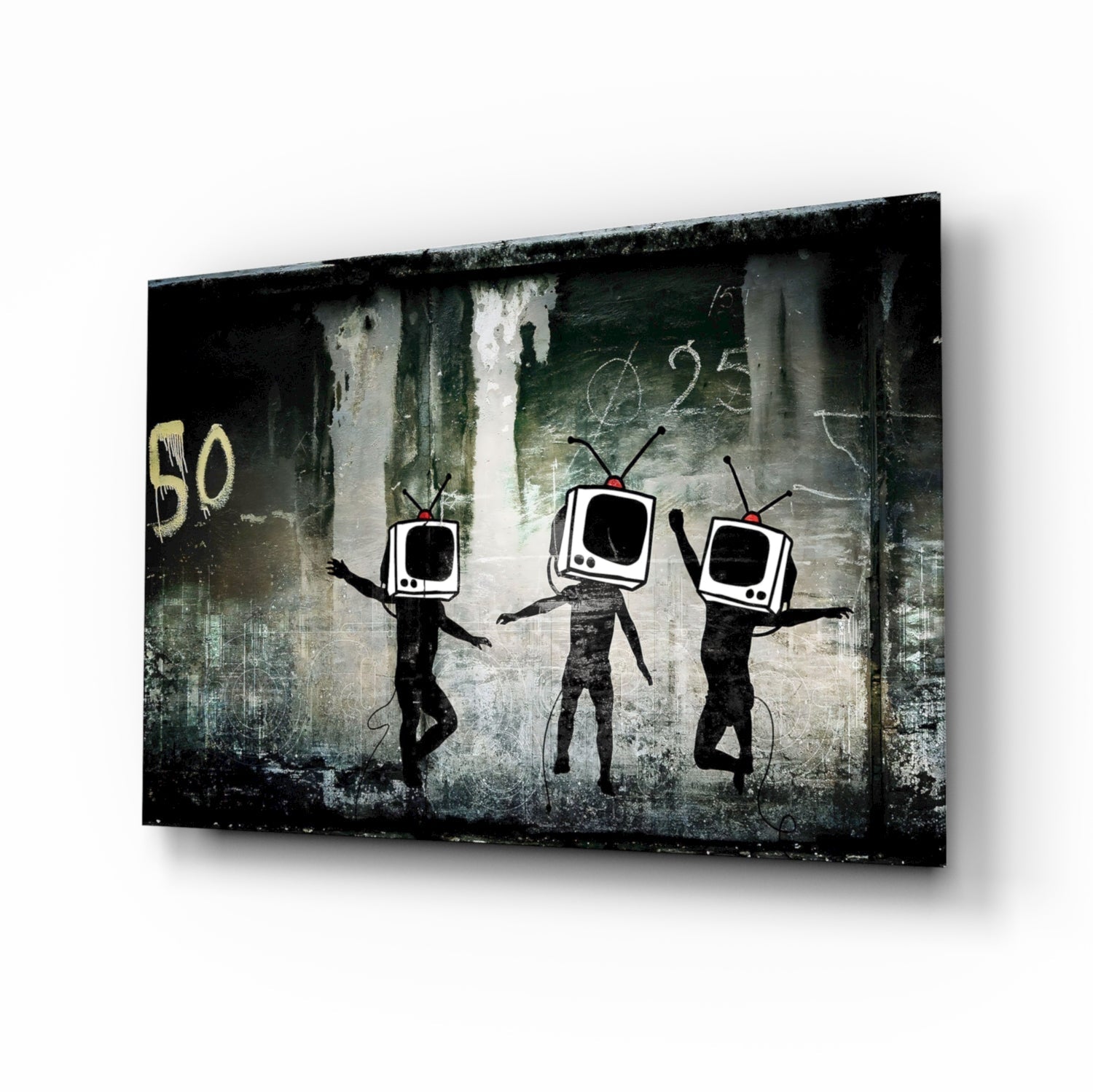 Three black stick figures with television heads for bodies dancing against a weathered gray concrete wall with yellow "80" graffiti.