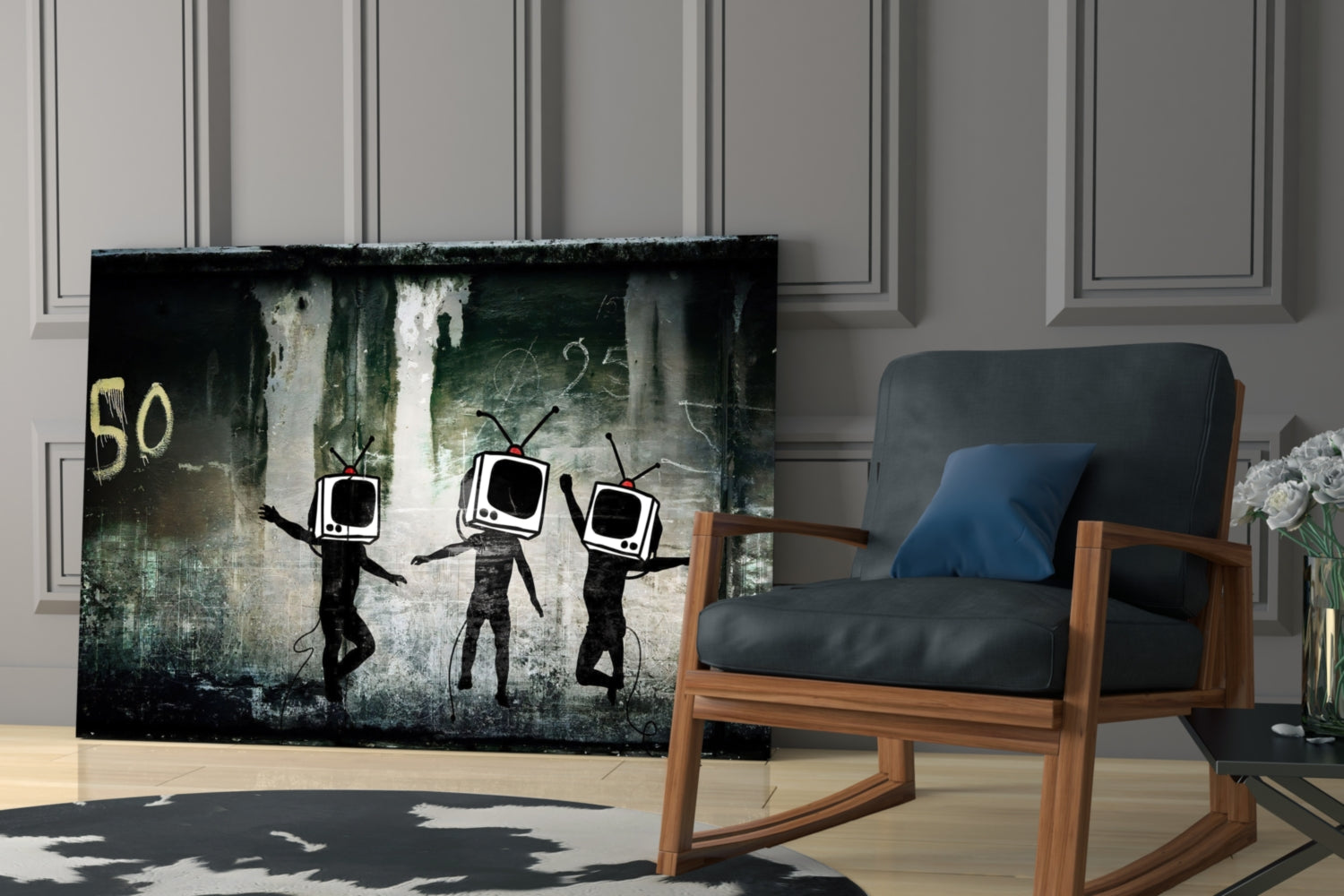 Glass art depicting three black silhouette figures with television heads dancing against weathered green and white background, displayed in modern living room setting.