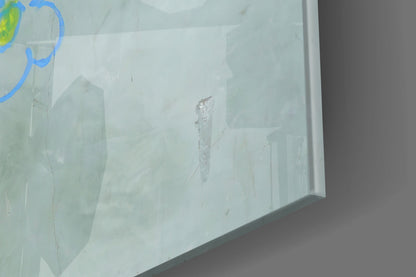 Close-up of frosted glass panel showing etched figure and blue curved lines detail.