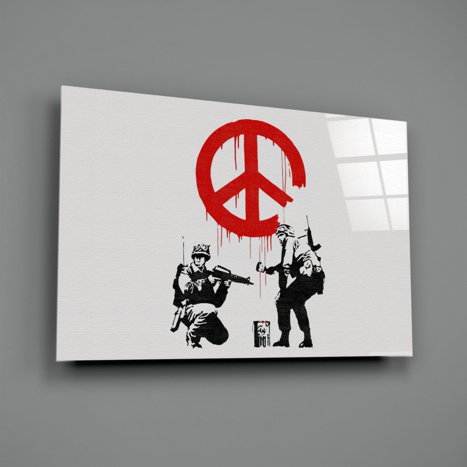 Glass art canvas displaying stenciled soldiers with rifles beneath a dripping red peace symbol on white background.