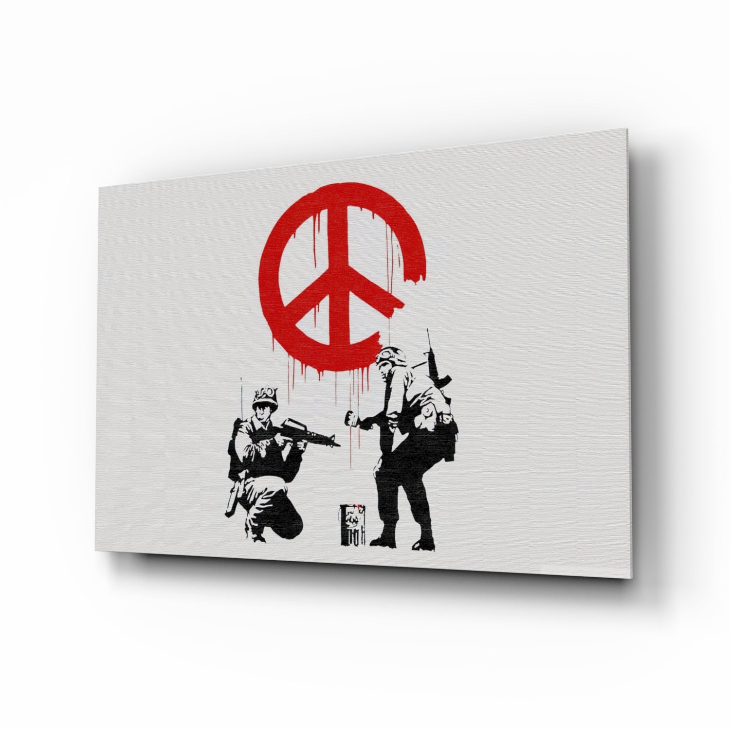 Canvas art print showing stenciled soldiers with weapons below a red peace symbol dripping paint on white background.