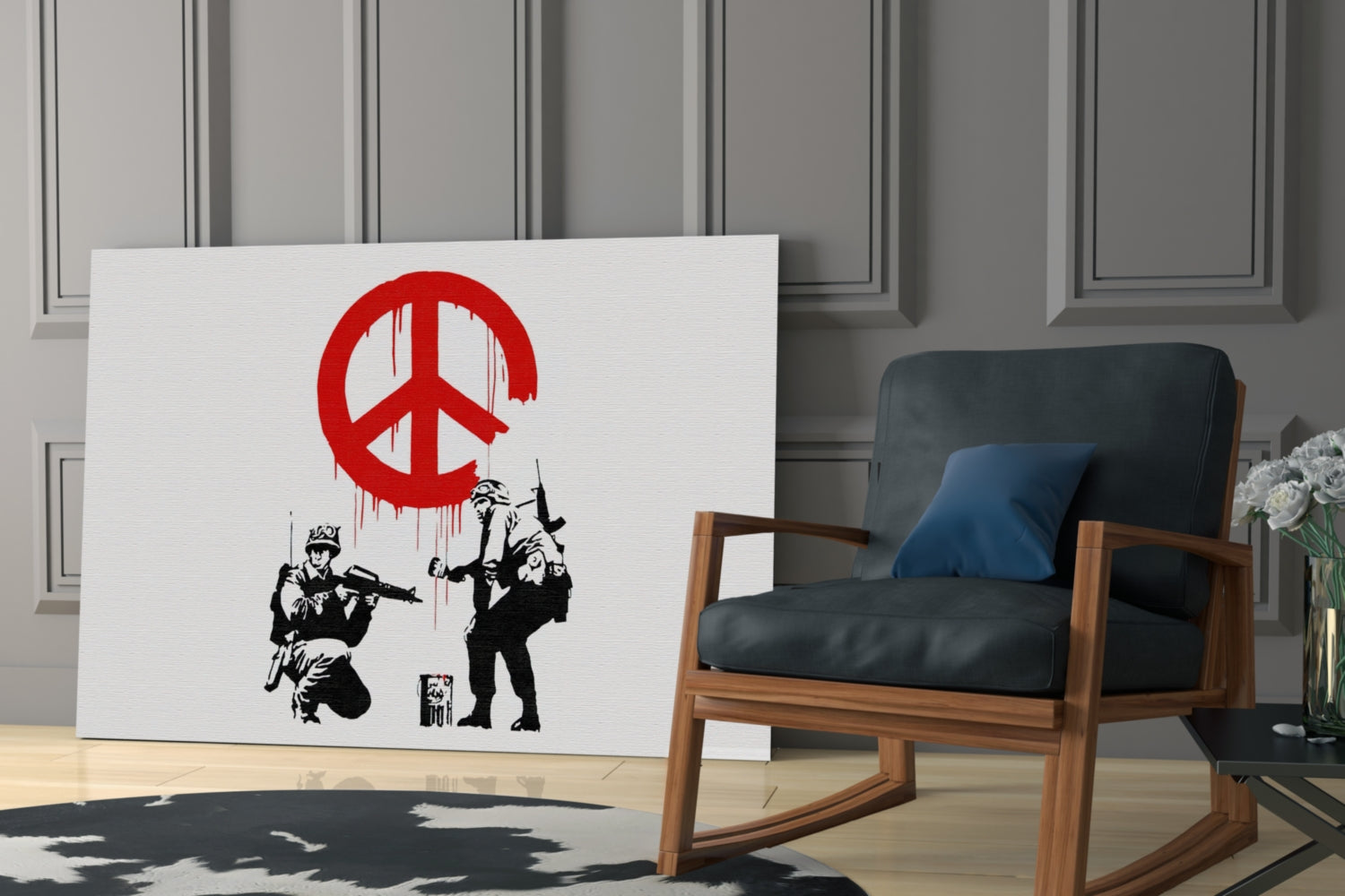 White canvas displaying red peace symbol above black silhouettes of armed soldiers in modern interior setting.