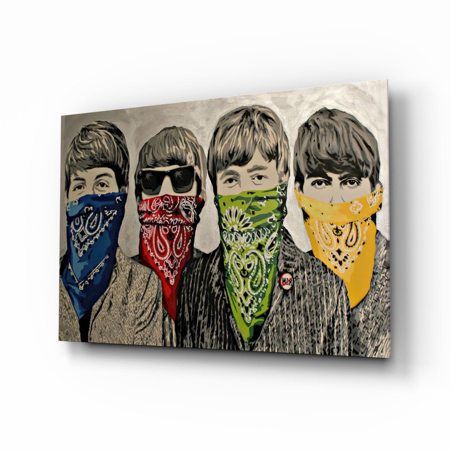 Four illustrated figures wearing colored bandanas—blue, red, green, and yellow—over their faces against a beige background on glass art.