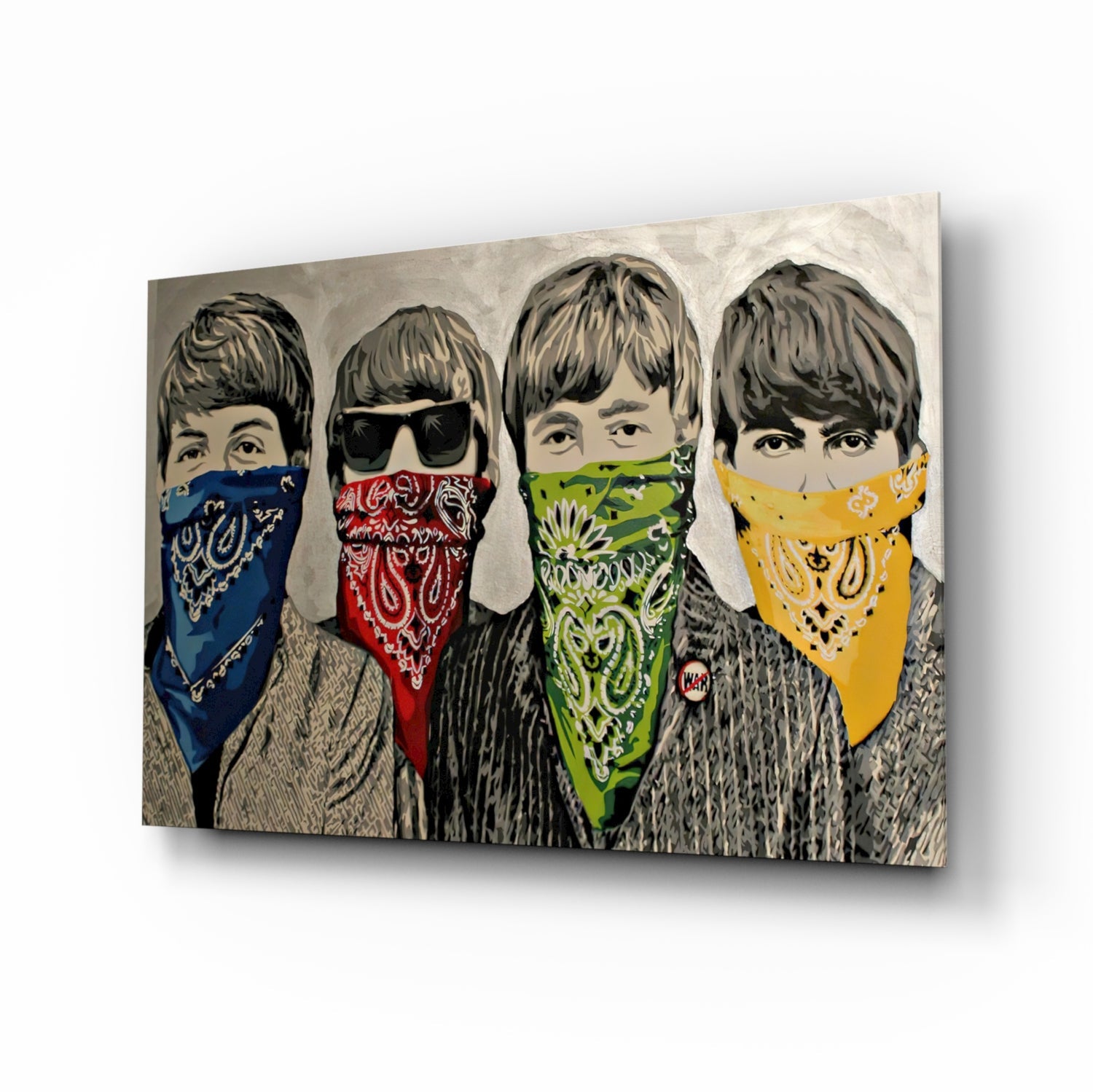 Four illustrated figures wearing colored bandanas—blue, red, green, and yellow—over their faces against a beige background on glass art.