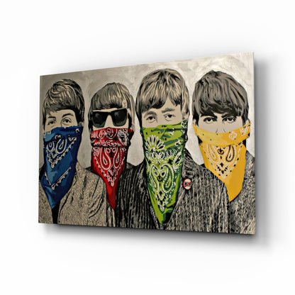 Four illustrated figures wearing colored bandanas—blue, red, green, and yellow—over their faces against a beige background on glass art.