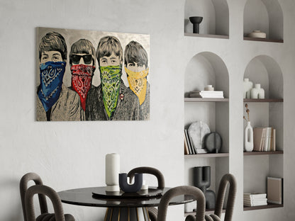Pop art glass panel depicting four figures with colored bandanas in blue, red, green, and yellow hung above a black dining table.