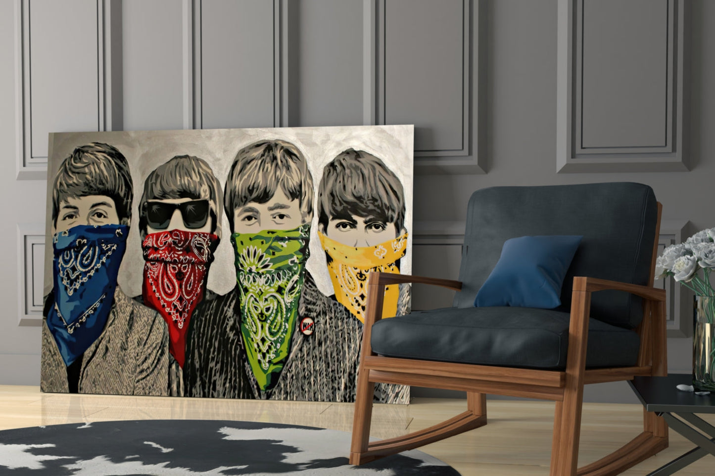 Activist glass art depicting four young men wearing colored bandanas in blue, red, green, and yellow displayed in a modern living room setting.