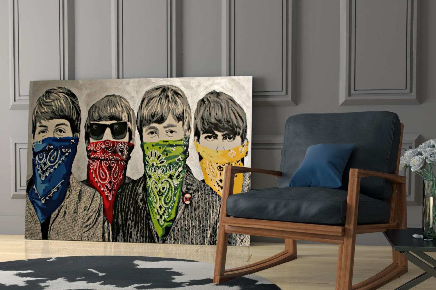 Activist glass art depicting four young men wearing colored bandanas in blue, red, green, and yellow displayed in a modern living room setting.