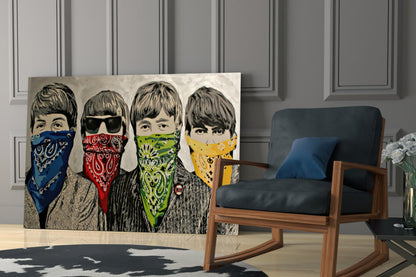 Activist glass art depicting four young men wearing colored bandanas in blue, red, green, and yellow displayed in a modern living room setting.