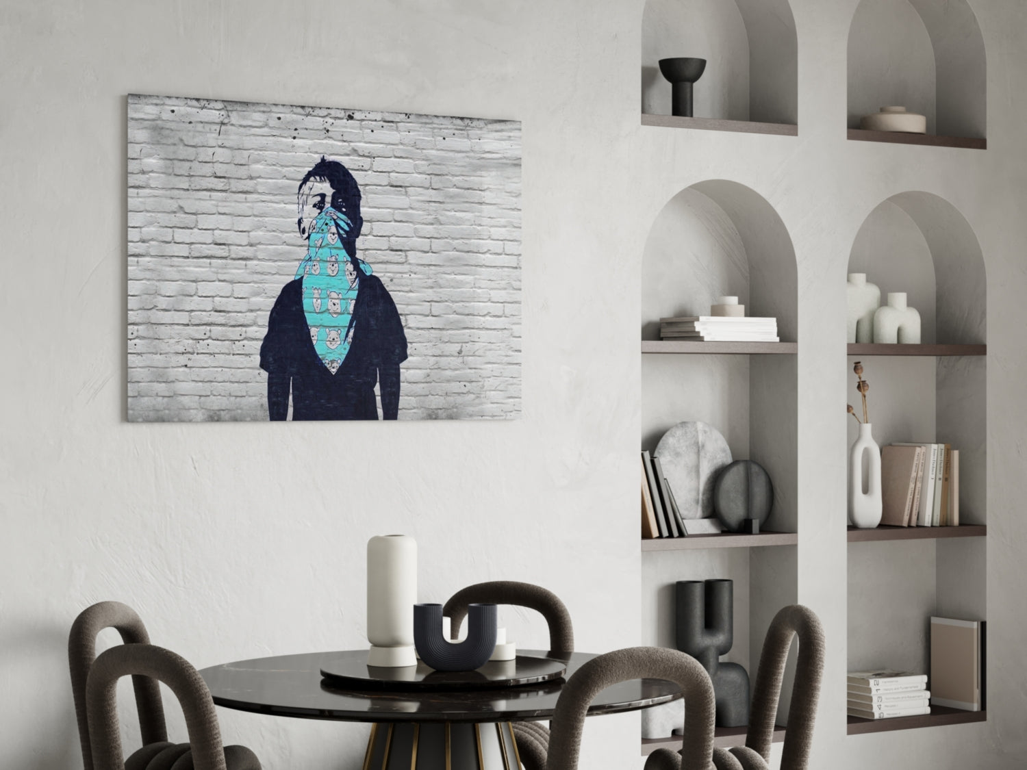 Modern dining room featuring turquoise Cute Activist glass art canvas on white brick wall above black round table.
