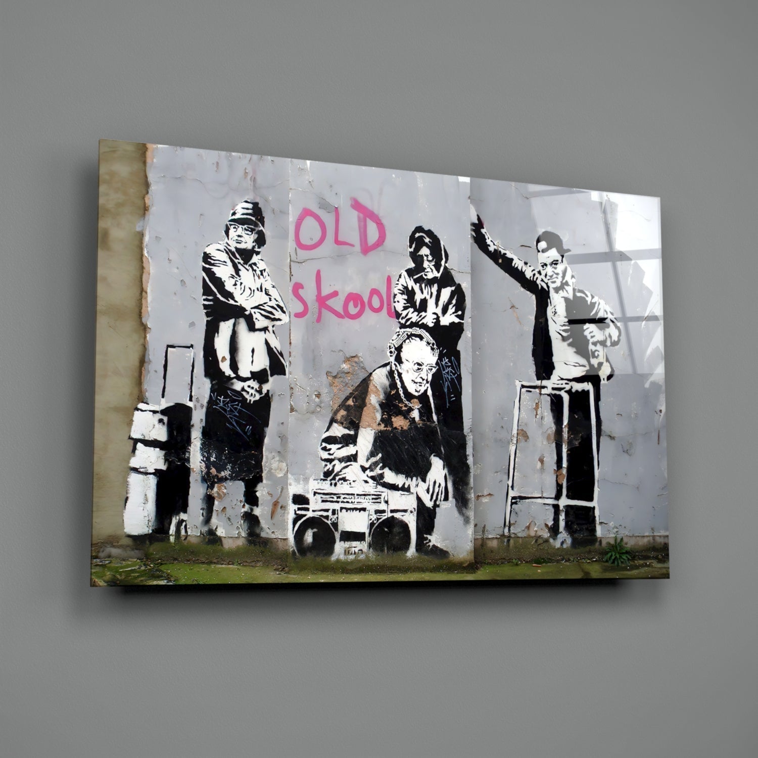 Canvas print of stenciled street art mural featuring four figures in black and white with "OLD skool" text in pink spray paint.