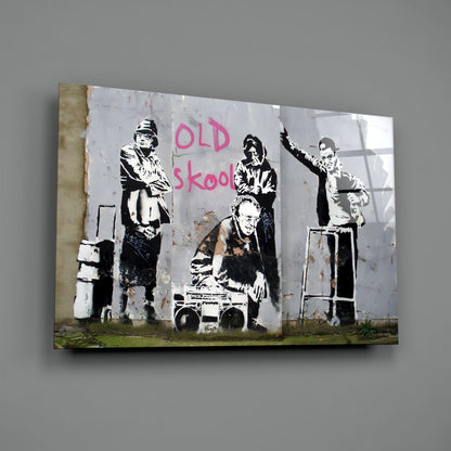 Canvas print of stenciled street art mural featuring four figures in black and white with "OLD skool" text in pink spray paint.