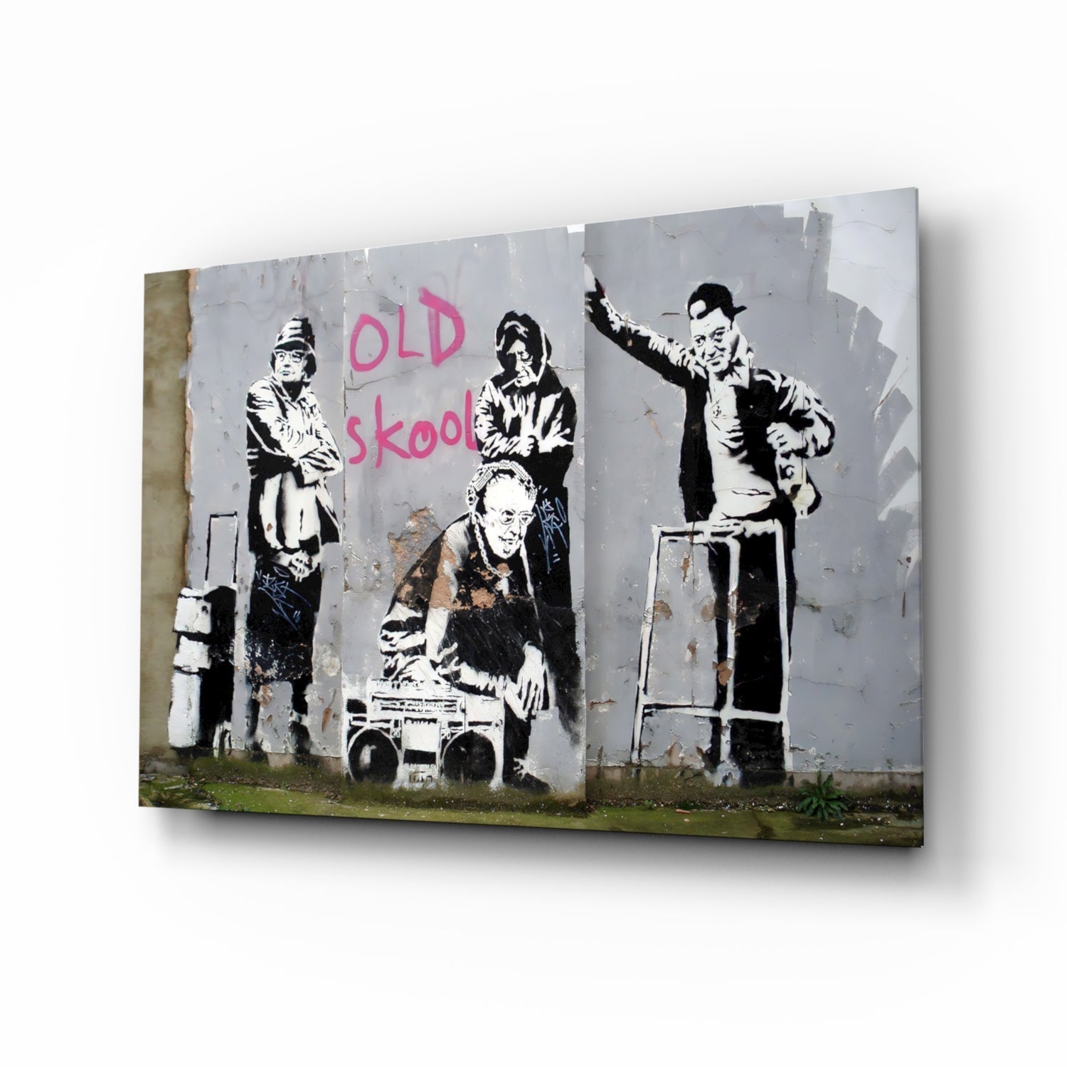 Black and white stenciled figures on weathered gray wall with pink "OLD skool" text, displayed as glass art canvas.