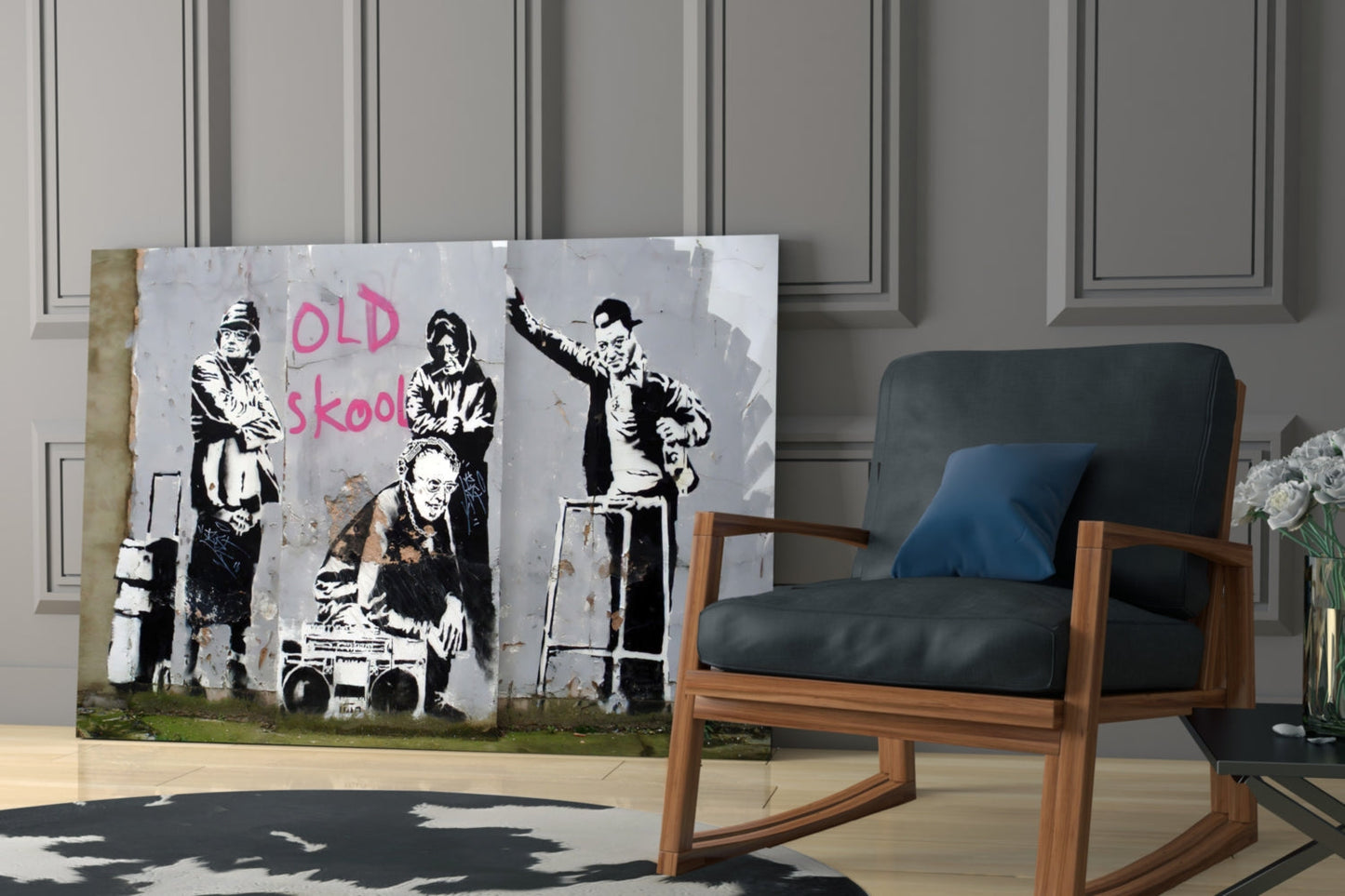 Street art glass panel featuring stenciled black and white figures with pink "OLD SKOOL" text displayed in modern interior setting.