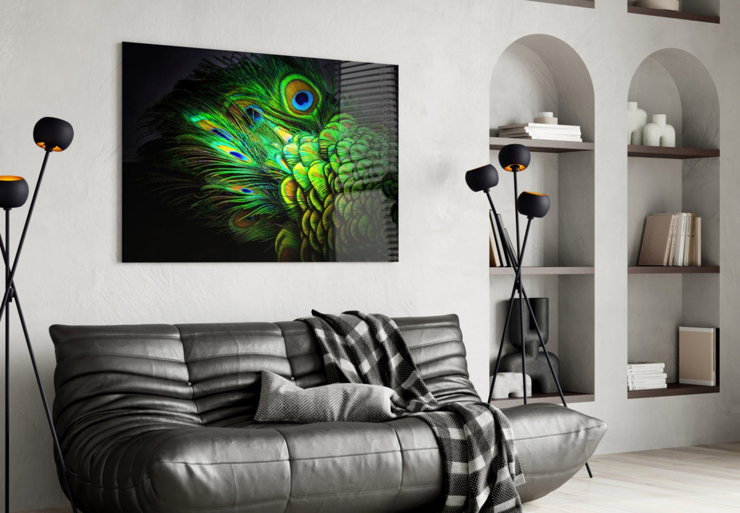 Emerald Peacock Plumage Closeup Glass Wall Art