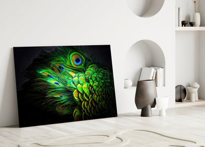 Emerald Peacock Plumage Closeup Glass Wall Art