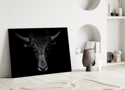 Black and white buffalo head portrait leaning against white wall in minimalist interior setting.