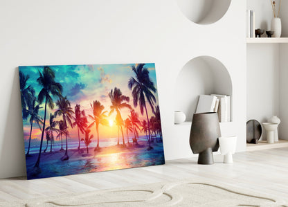 Colorful glass art depicting a vibrant sunset with silhouetted palm trees leaning against a white wall in a minimalist interior setting.