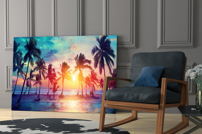 Vibrant glass art panel depicting tropical sunset with palm trees silhouetted against golden sky, displayed in modern living room setting.
