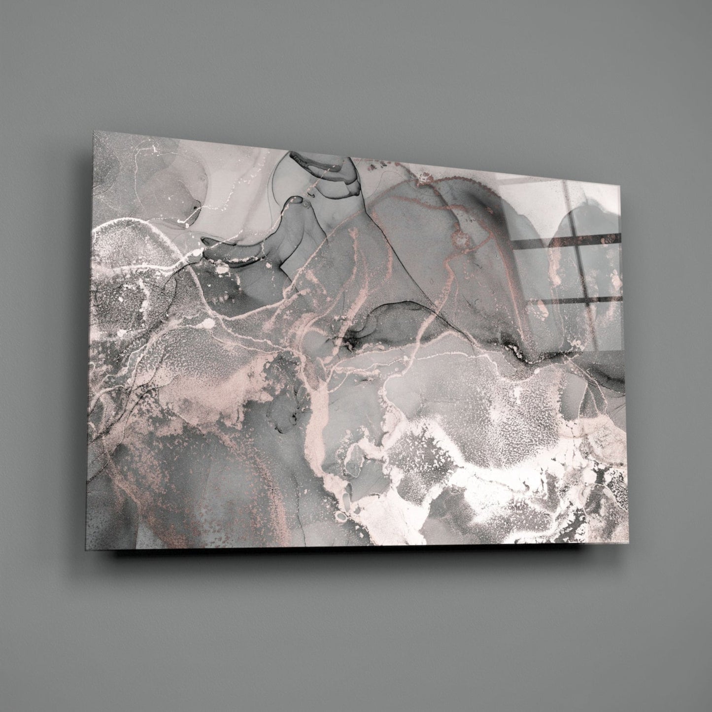 Abstract pink and gray glass art panel with swirling patterns and white crystalline textures displayed at an angle against gray background.