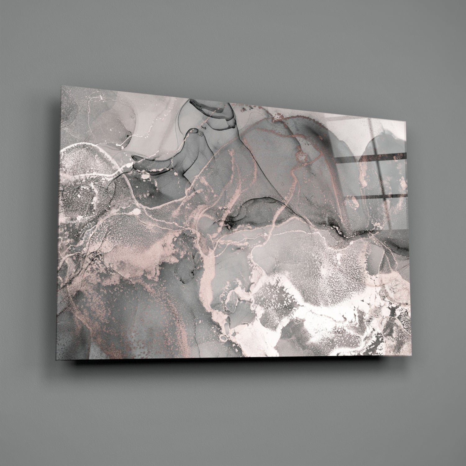 Abstract pink and gray glass art panel with swirling patterns and white crystalline textures displayed at an angle against gray background.