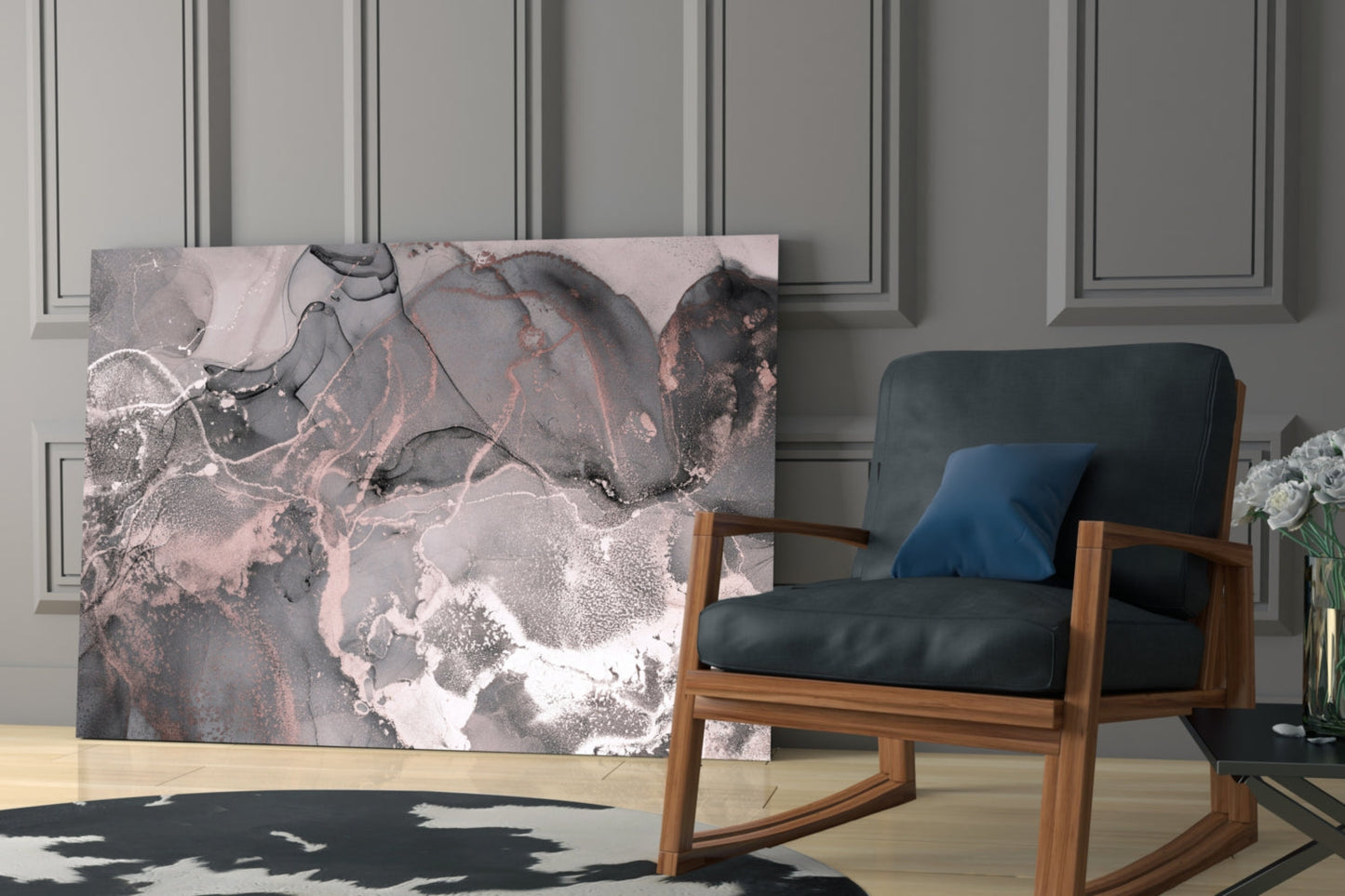 Abstract pink and grey marbled glass art displayed in modern living room with wooden chair and paneled wall.