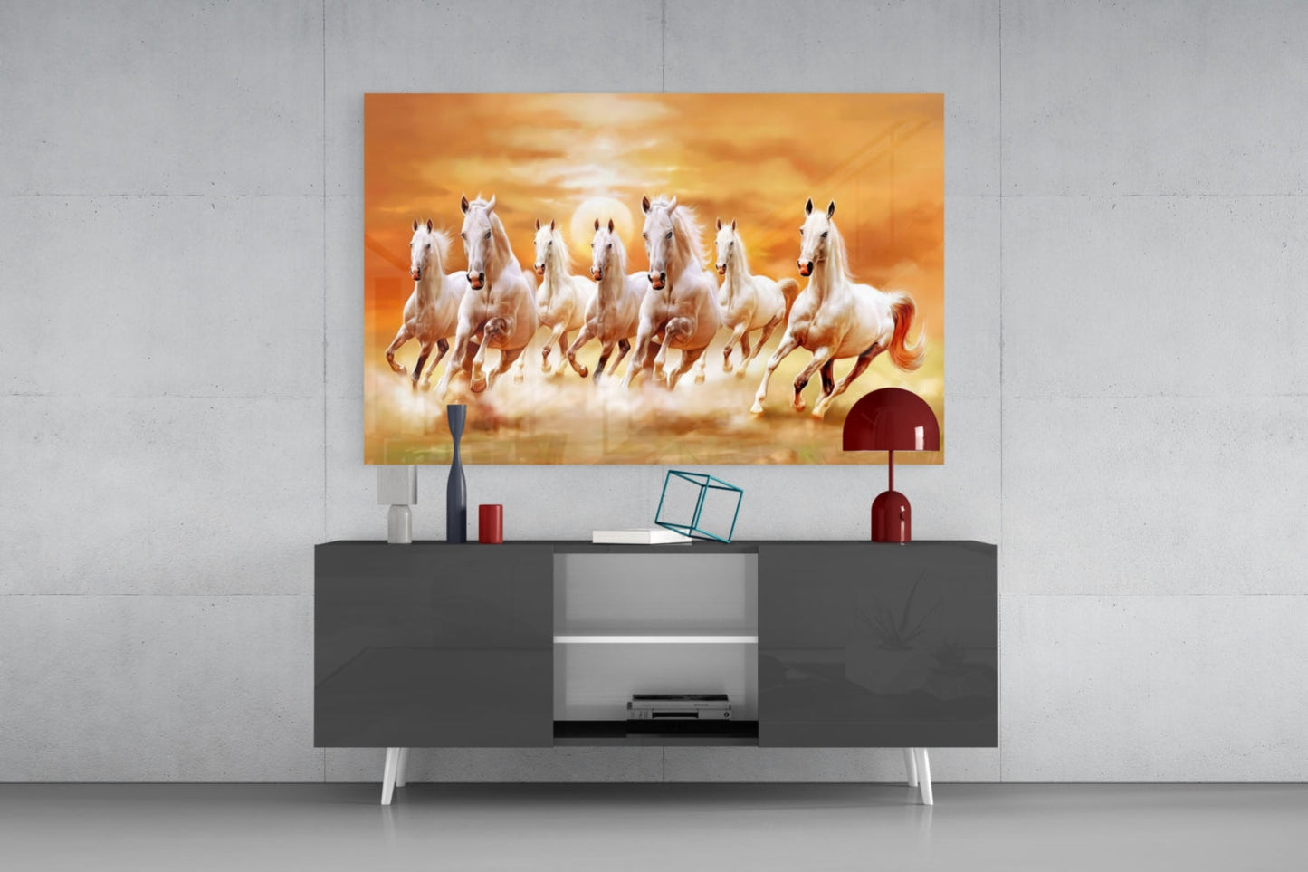 Running Horses Glass Art displayed above a gray media console, showing white horses galloping against golden sunset sky.